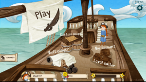 Hovedmenuen i Coding Pirates spillet